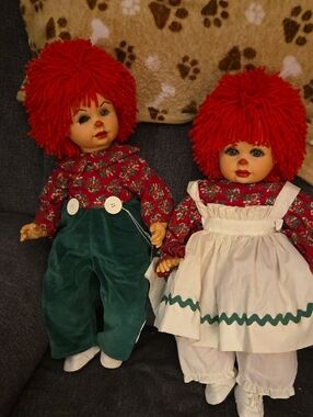 Red-Haired Rag Doll Pair Set with Floral Outfits